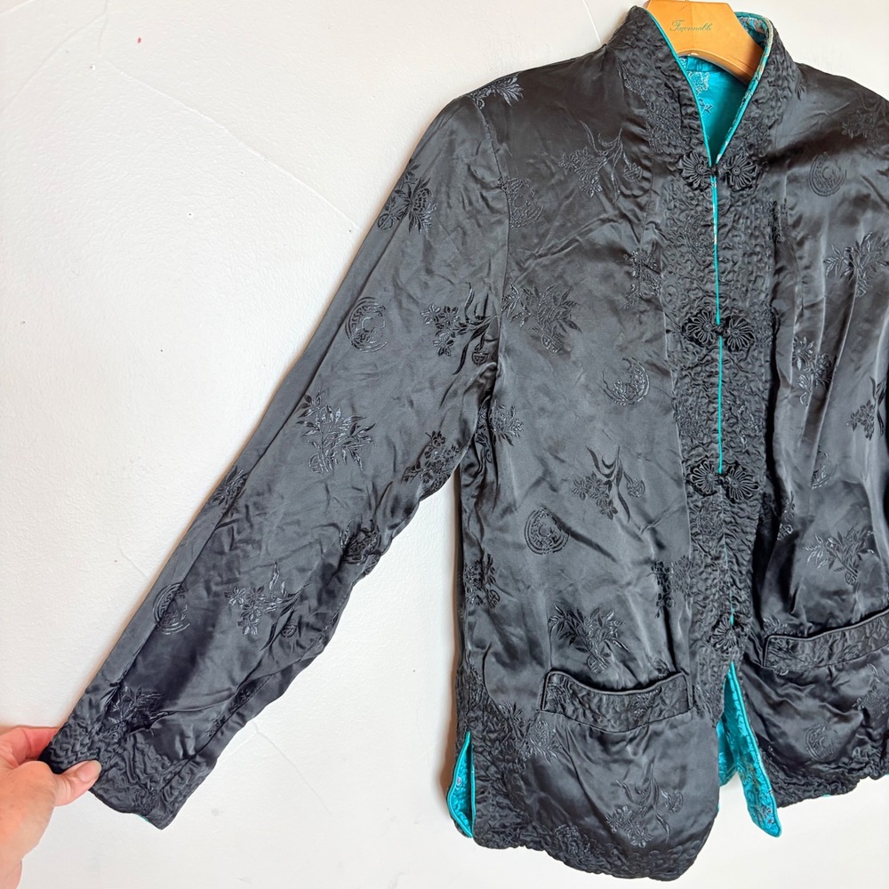 Vintage Reversible Satin Chinese Jacket Teal Black Embroidered Frog‎ Buttons - Picture 4 of 16